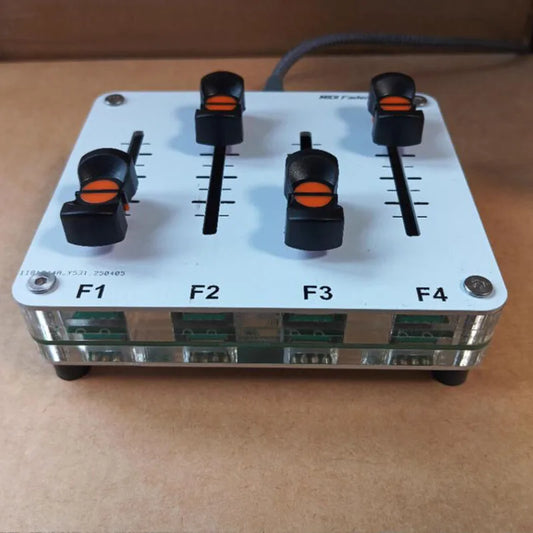 White rectangular 4-channel midi push rod audio mixer with 42mm fader custom knobs on transparent base interface music host