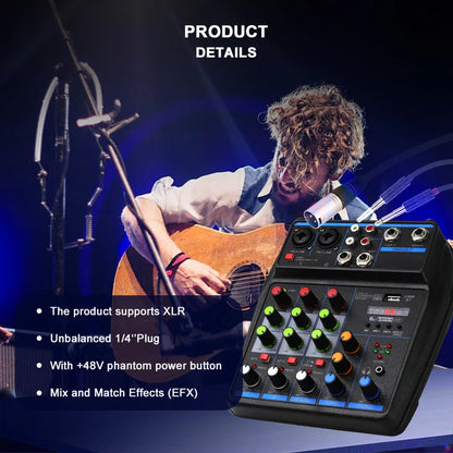 Black 4 channel audio mixer with colorful knobs multiple input output ports bluetooth 48v phantom power usb