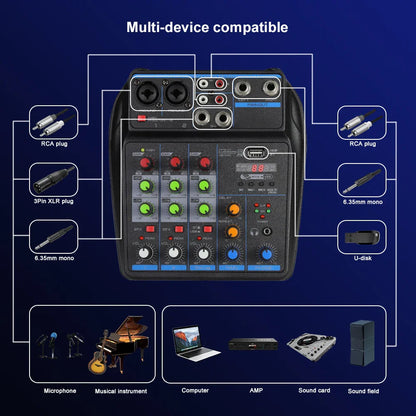 Black 4 channel audio mixer with multiple input jacks Bluetooth 48V phantom power and control knobs for dj mixing
