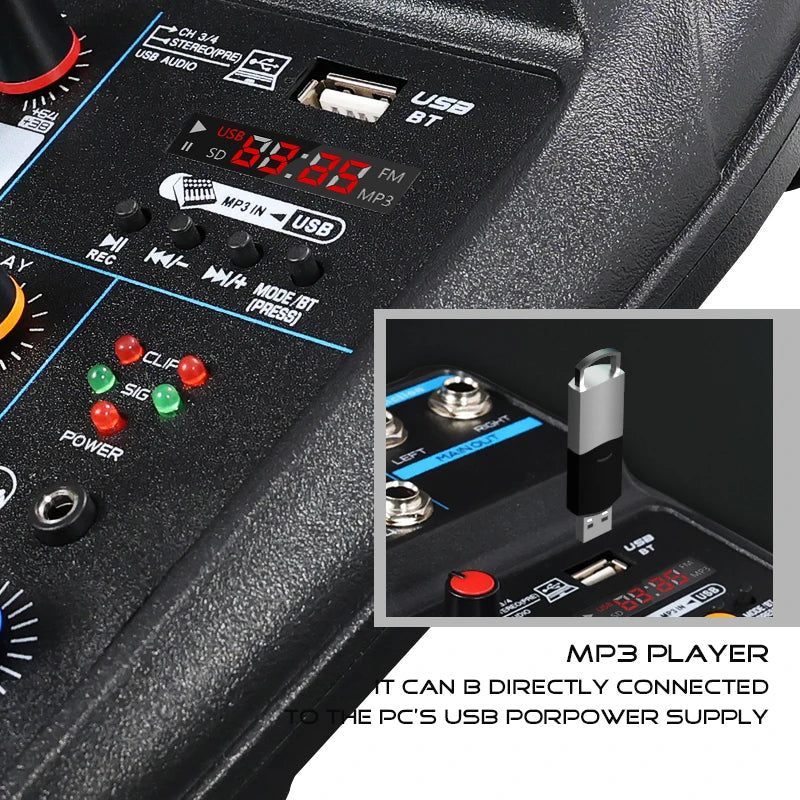Black 4 channel audio mixer with usb and bluetooth connectivity digital display shows time and input sources