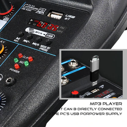 Black 4 channel audio mixer with usb and bluetooth connectivity digital display shows time and input sources