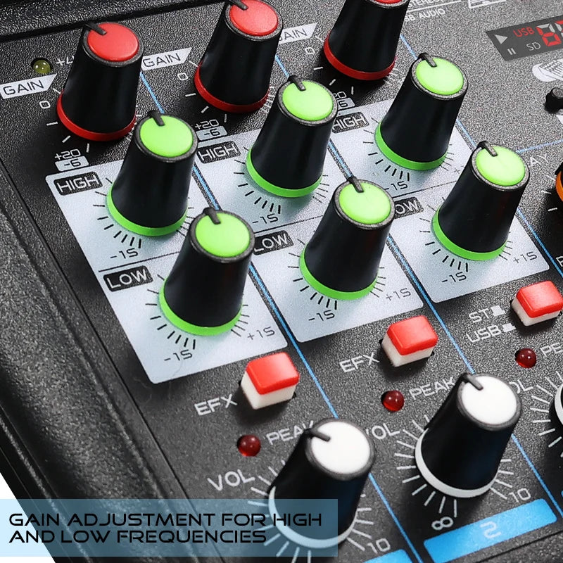 Black 4 channel mixer dj mixing console with bright green and red knobs for high and low frequency gain adjustment