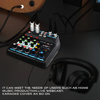 Black 4 channel audio mixer with colorful knobs and silver input jacks for DJ mixing and karaoke system
