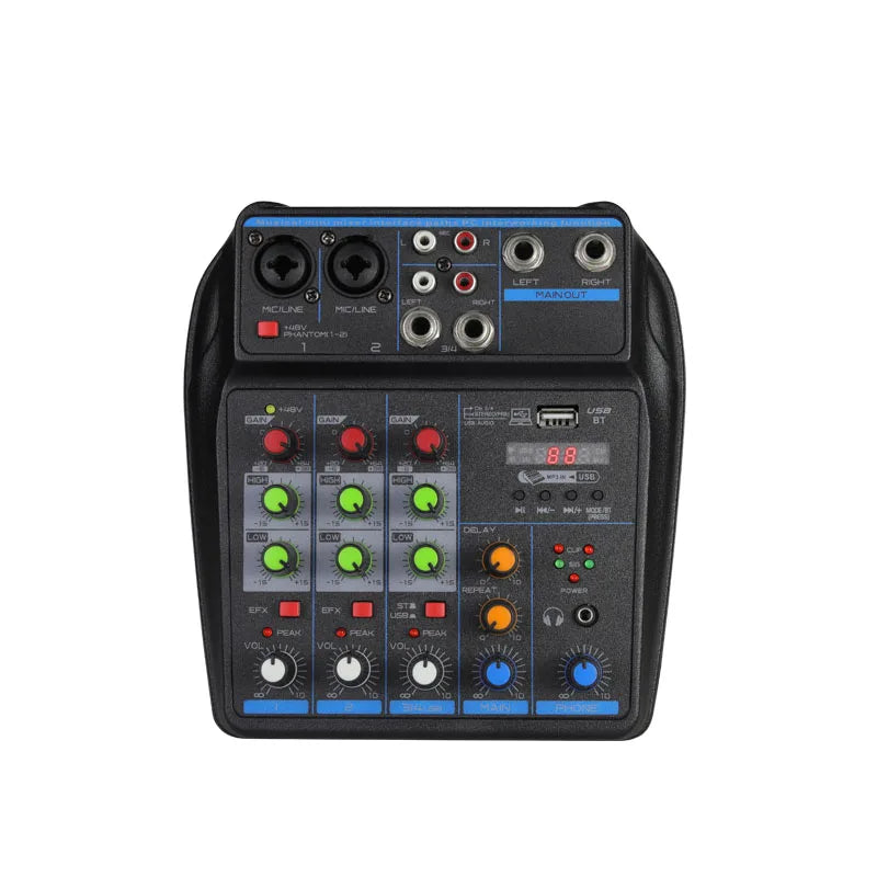 Black compact 4 channel audio mixer with colorful knobs bluetooth 48v phantom power usb karaoke system console