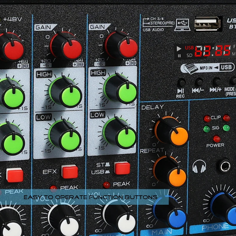 Black 4 channel mixer dj mixing console with bluetooth and 48v phantom power featuring colored knobs for audio control