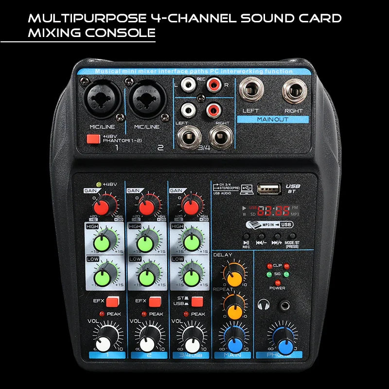 Black 4 channel mixer dj mixing console with bluetooth and 48v phantom power featuring red green and blue audio control knobs