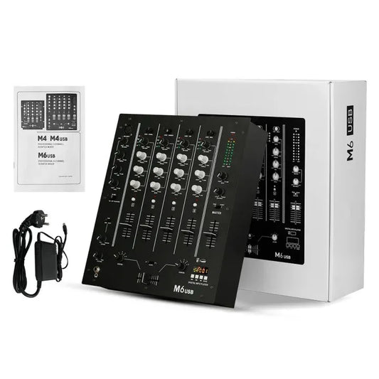 Black m6 usb digital 4-channel mixer dj live with silver knobs and green led indicators for ktv dj mixer and live performance scratching