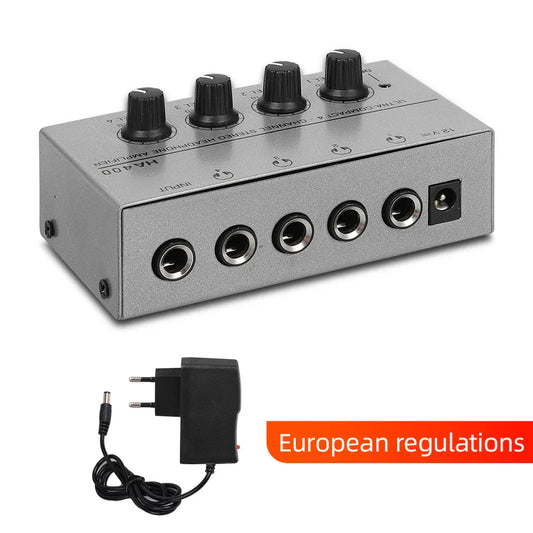 Silver metallic headphone amplifier ha400 with 4 channels black knobs ultra-compact stereo audio amplifier with jacks