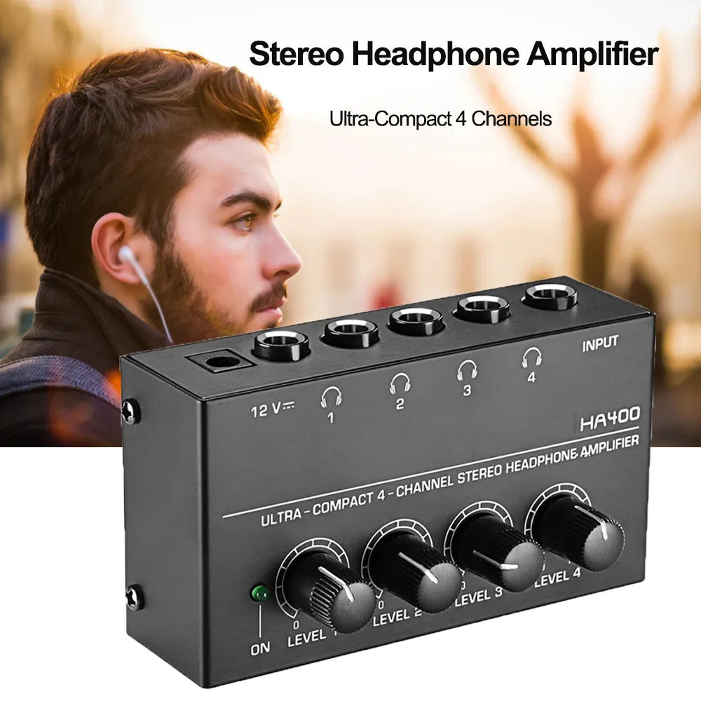 Black headphone amplifier ha400 with four input channels and volume knobs ultra-compact stereo audio amplifier for music