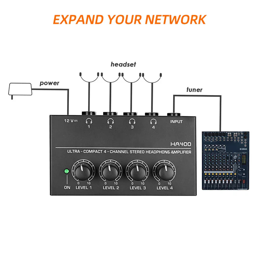 Black ha400 ultra-compact 4-channel stereo audio amplifier with four volume knobs and adapter 10mhz earphone jacks
