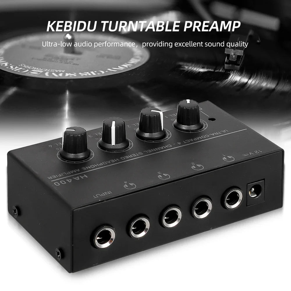 Black kebidu ha400 headphone amplifier ha400 with four knobs and multiple silver audio jacks stereo audio amplifier with adapter 10mhz earphone
