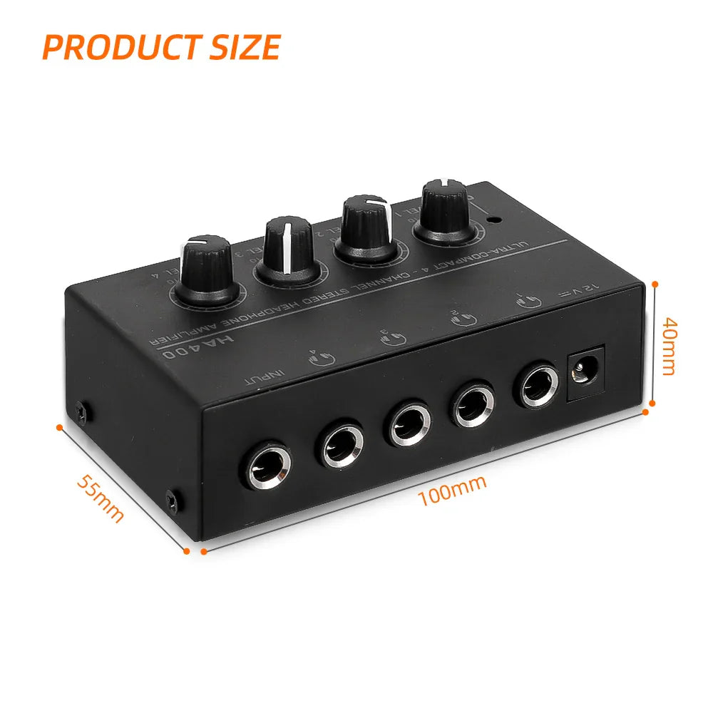 Black rectangular headphone amplifier ha400 with four-channel stereo audio amplifier, black knobs, and silver input jacks with adapter 10mhz earphone