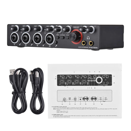 Black 24 bit 192khz recording sound card with red knob multiple i o jacks usb live sound free audio interface