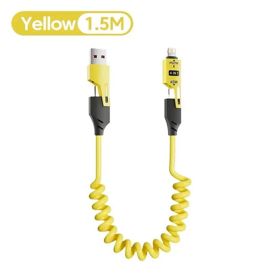 Yellow 1.5 meter coiled 4 in 1 spring telescopic quick charger cable 6a usb with black yellow connector housing and 65w pd20w markings