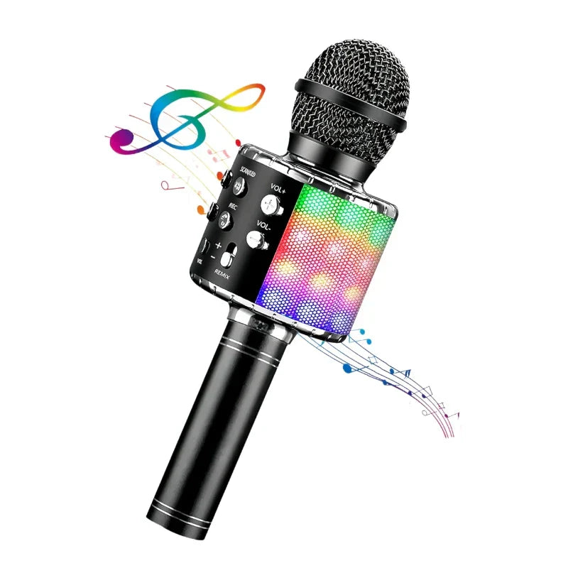 Black karaoke wireless microphone with mesh grille, colorful led light panel, and control buttons, portable microphone great gifts toys