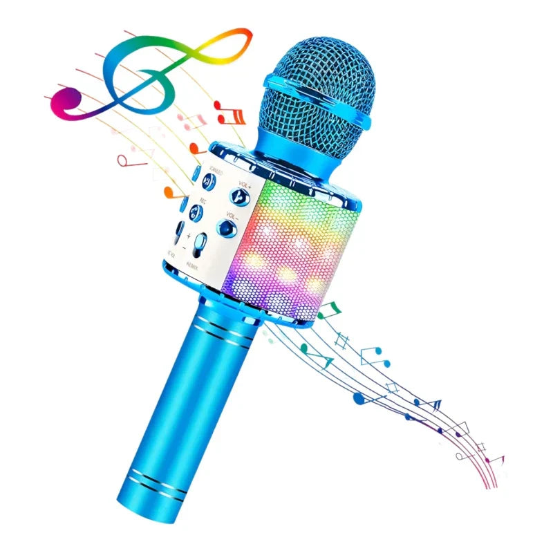 Blue karaoke wireless microphone with mesh grille colorful led lights and volume recording buttons portable microphone great gifts toys