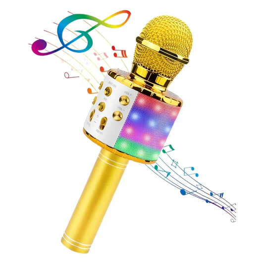 Gold-colored karaoke wireless microphone with mesh grille, colorful LED lights, and control buttons, great gifts toys for kids