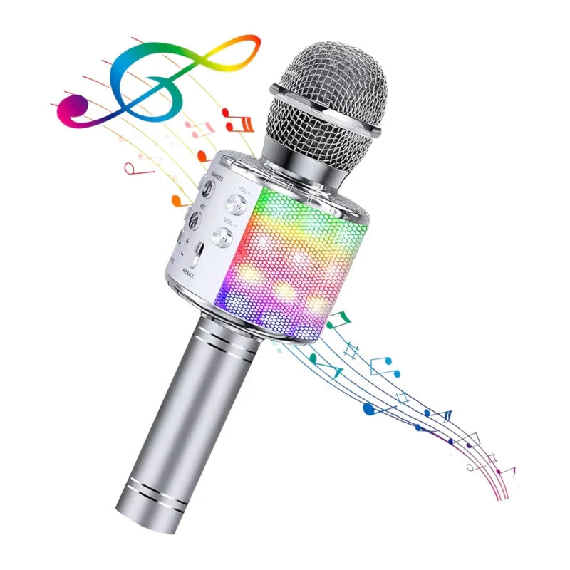 Silver karaoke wireless microphone with mesh grille and colorful led lights portable microphone great gifts toys
