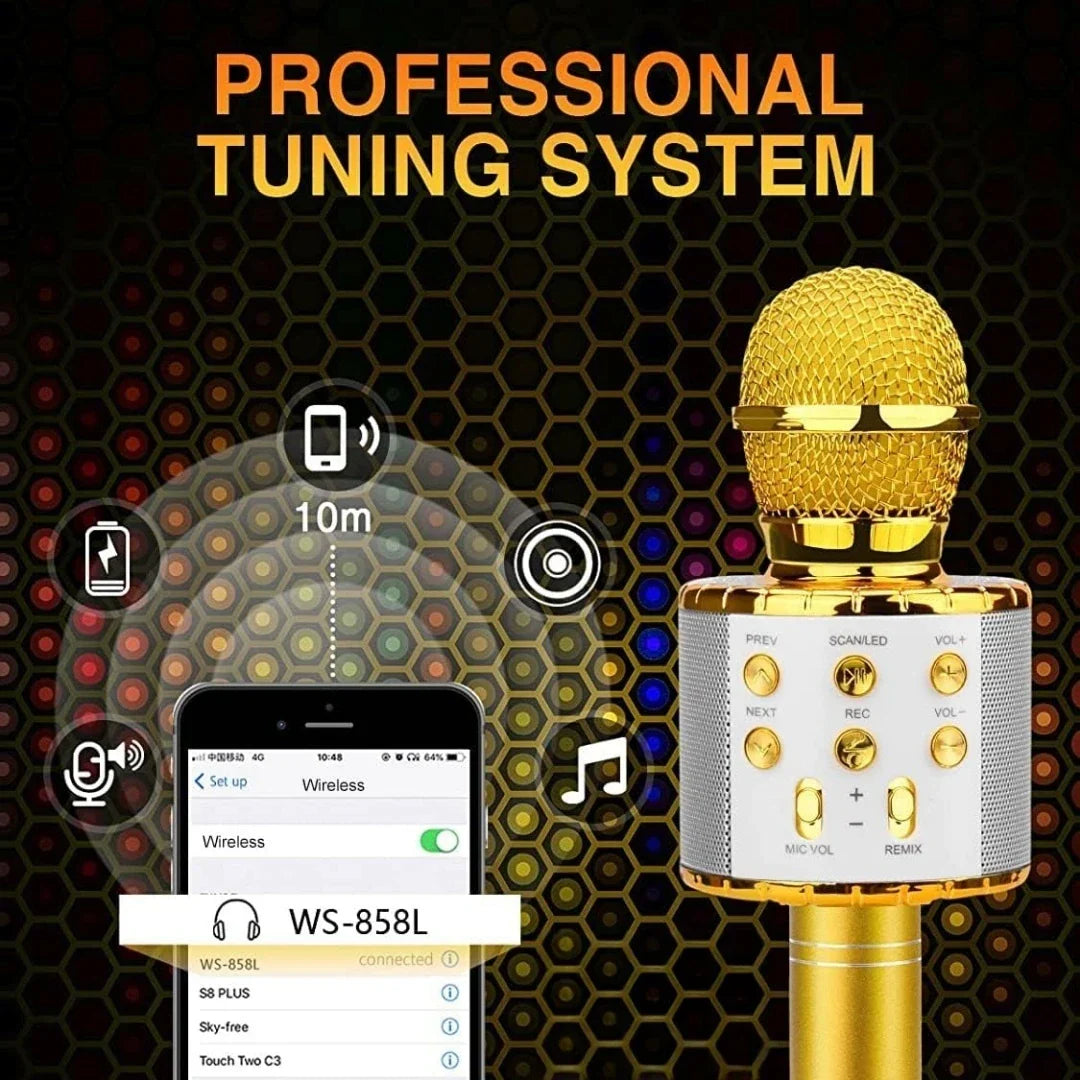 Gold-colored karaoke wireless microphone with mesh grille control buttons and led lights portable microphone great gifts toys