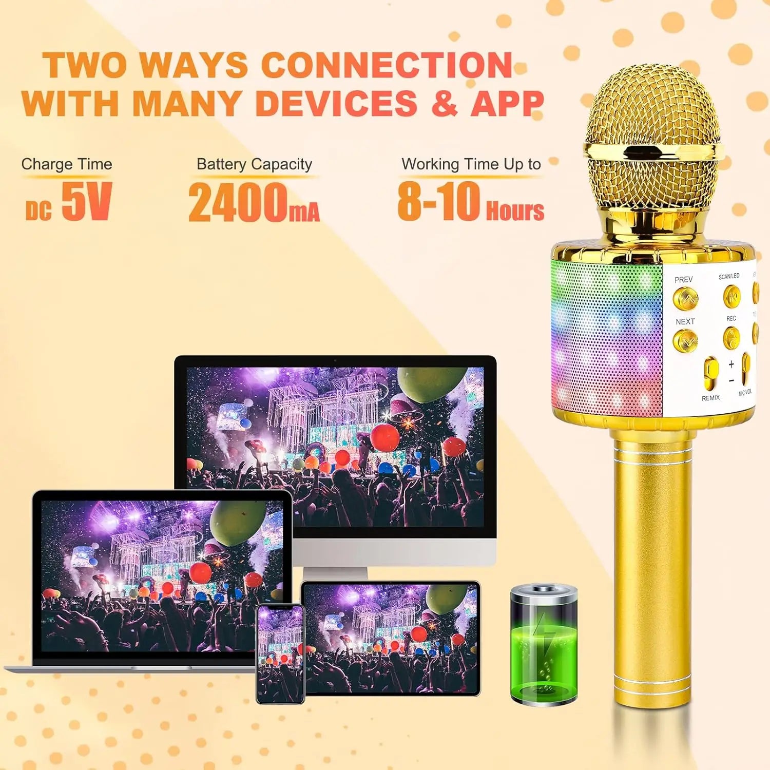 Gold-colored karaoke wireless microphone with mesh grille, led lights, and side controls, portable microphone great gifts toys