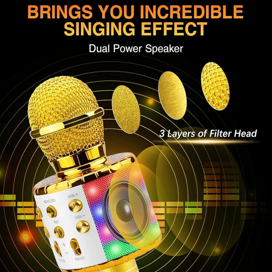 Gold-colored karaoke wireless microphone with mesh grille dual power speaker and colorful led lights portable microphone great gifts toys