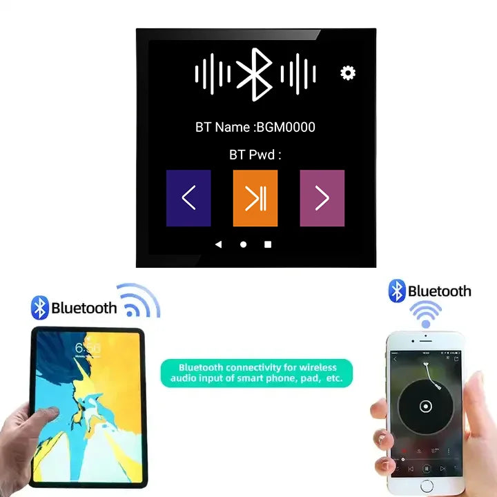 Black rectangular bluetooth audio receiver screen showing control buttons with eshare wifi bluetooth for touch home theater cinema digital stereo use