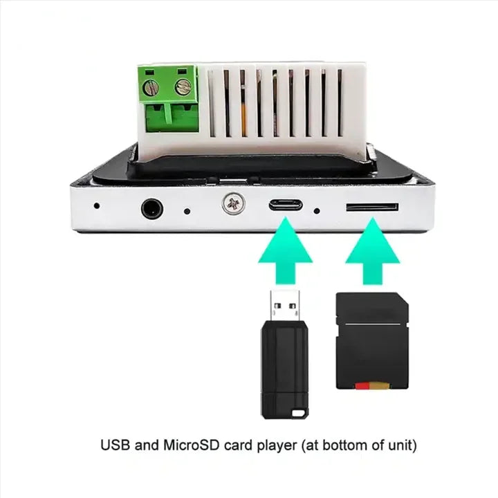 White rectangular android 10 eshare wifi bluetooth touch home theater car audio receiver with usb and microsd ports at bottom