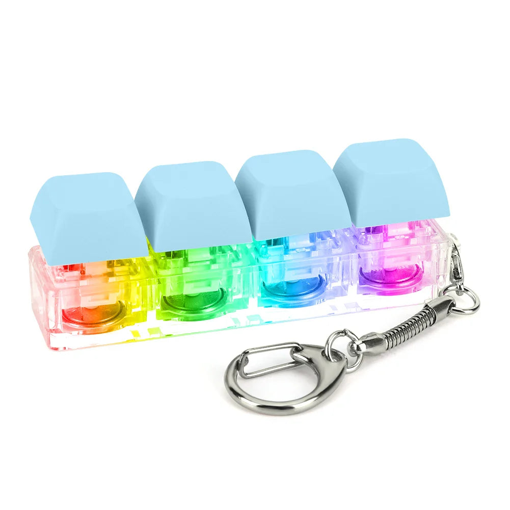 Rainbow-colored translucent keycap fidget keychain with light blue caps and silver metal chain for keyboard clicker toy use