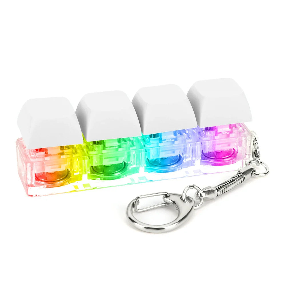 Rainbow-colored translucent keycap fidget keychain with white caps and silver ring for keyboard clicker toy gifts