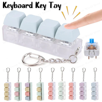 Light blue keyboard key toy with clear plastic base and metal chain keycap fidget keychain for stress relief