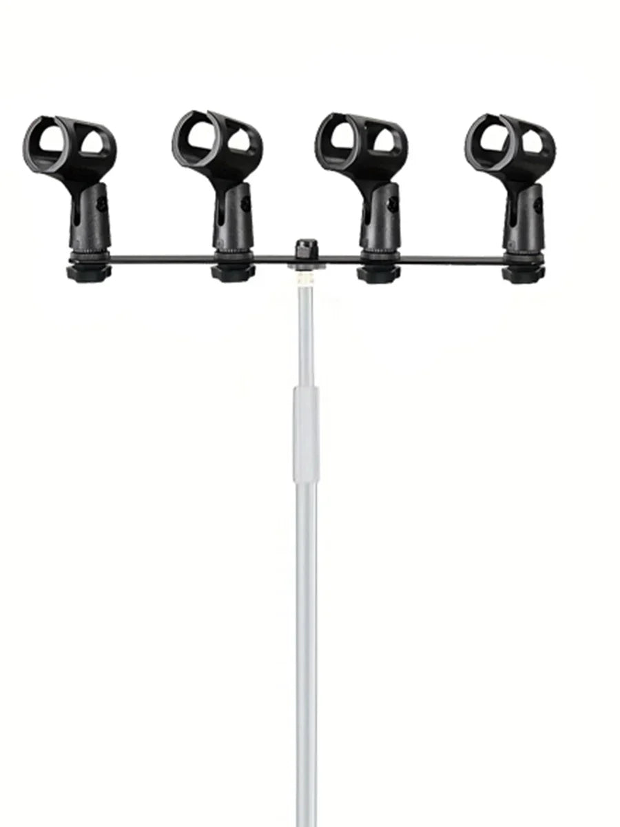 Black microphone stand with four adjustable arms featuring microphone clips stereo and adapter stand professional for stage use