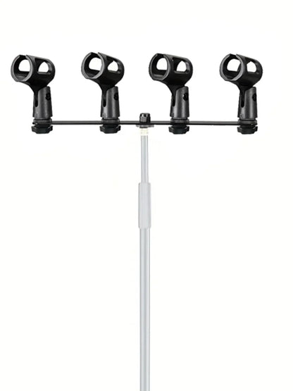 Black microphone stand with four adjustable arms featuring microphone clips stereo and adapter stand professional for stage use