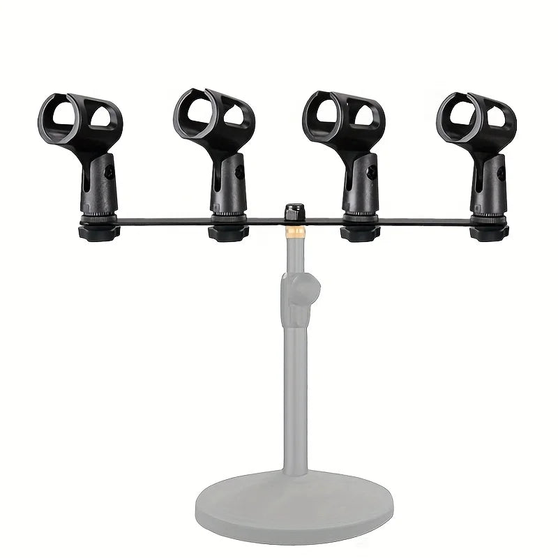 Black floor tripod universal stand with four adjustable microphone clips and stereo t-rod adapter stand professional