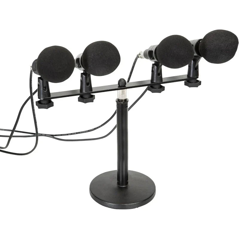 Black microphone stand with four foam windscreen microphones featuring stereo clips and adapter stand professional tripod