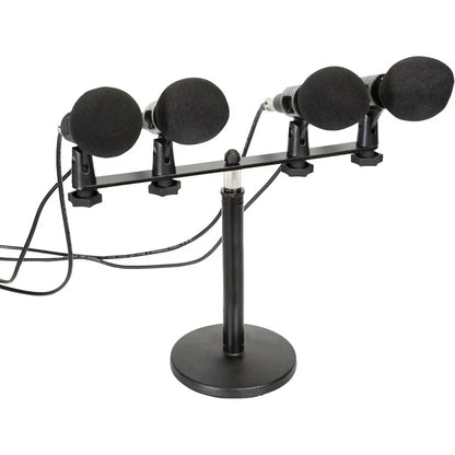Black microphone stand with four foam windscreen microphones featuring stereo clips and adapter stand professional tripod