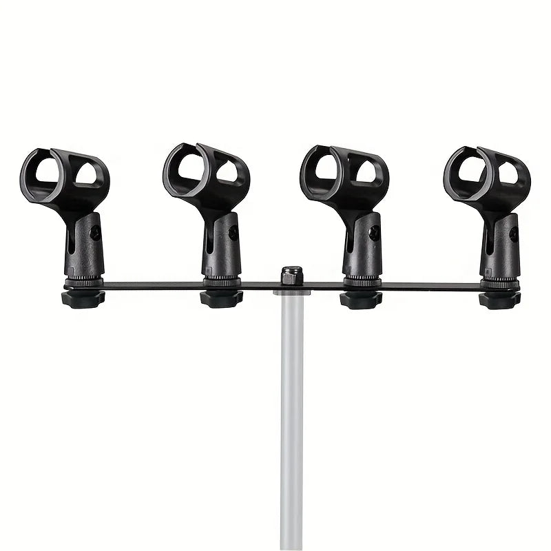 Black metal floor tripod universal stand with four adjustable microphone clips stereo and professional t-rod adapter stand