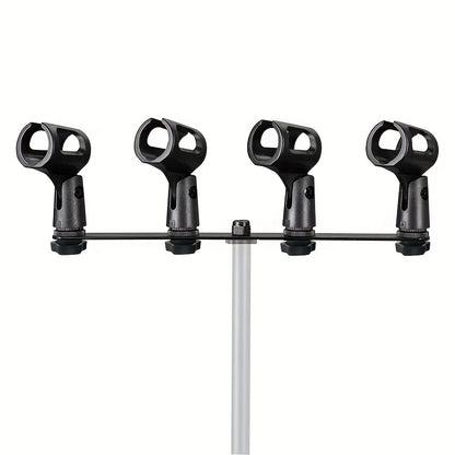 Black metal floor tripod universal stand with four adjustable microphone clips stereo and professional t-rod adapter stand