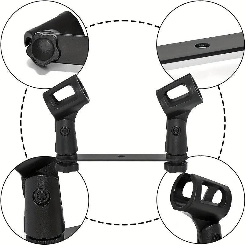 Black metal floor tripod universal adapter stand professional with adjustable arms and microphone clips stereo for stage use