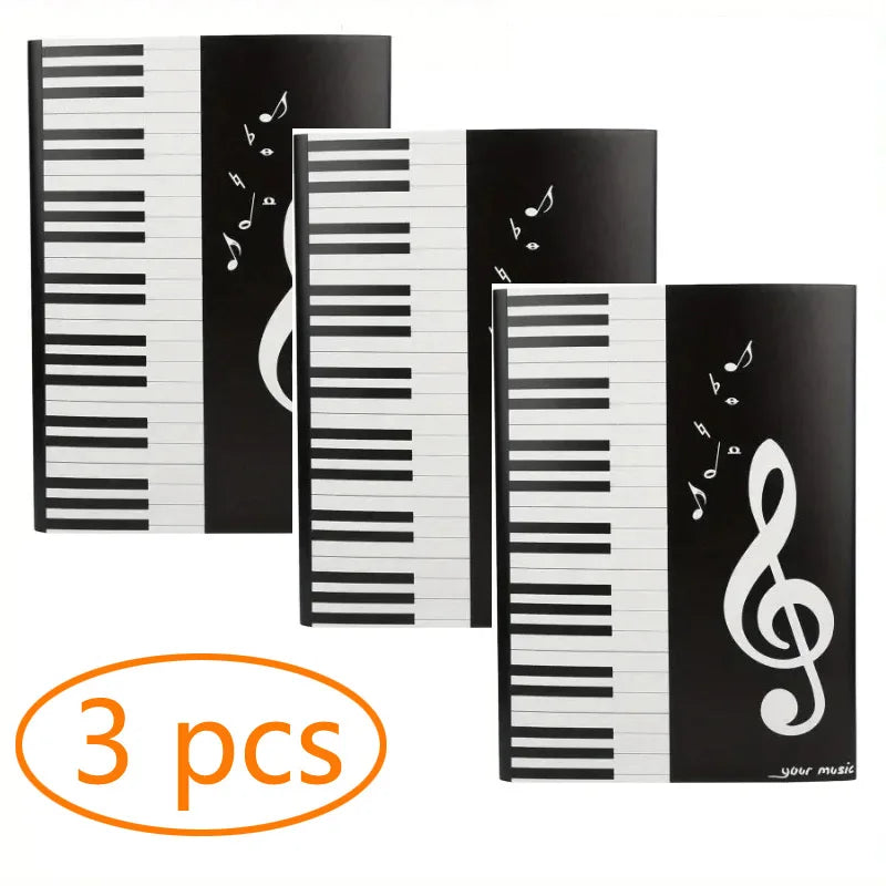 Black and white piano-key patterned music folder with treble clef design and multiple pockets music storage for sheet modification