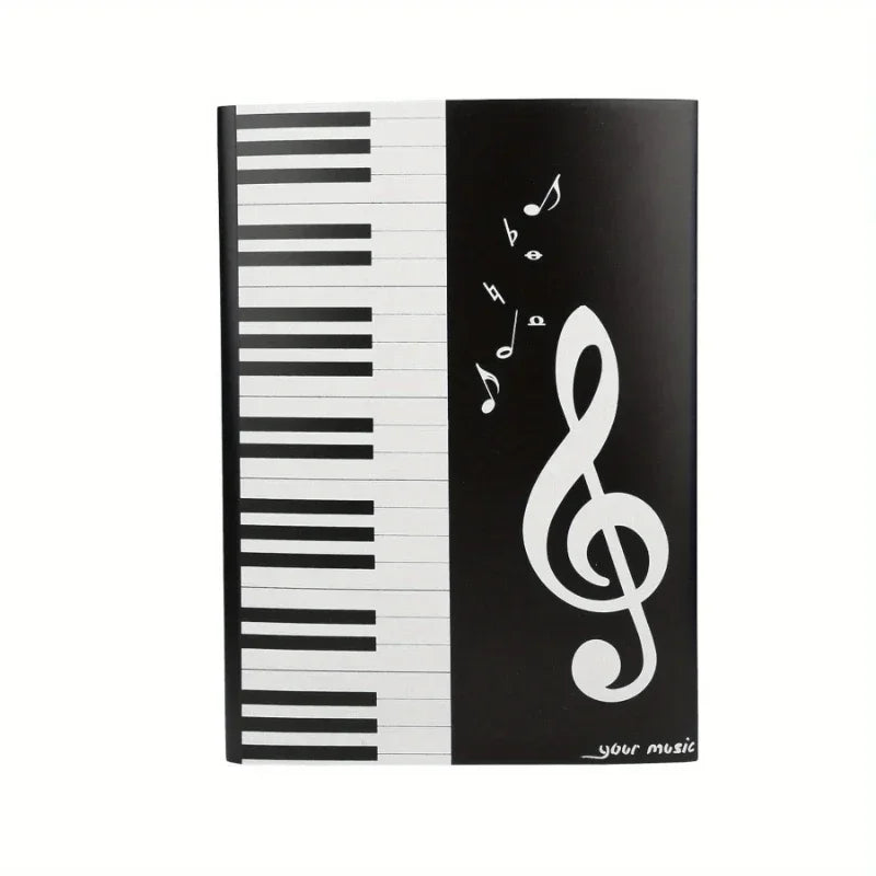 Black 4 page a4 music folder with piano key pattern and musical notes for pockets music storage and folder writing modification