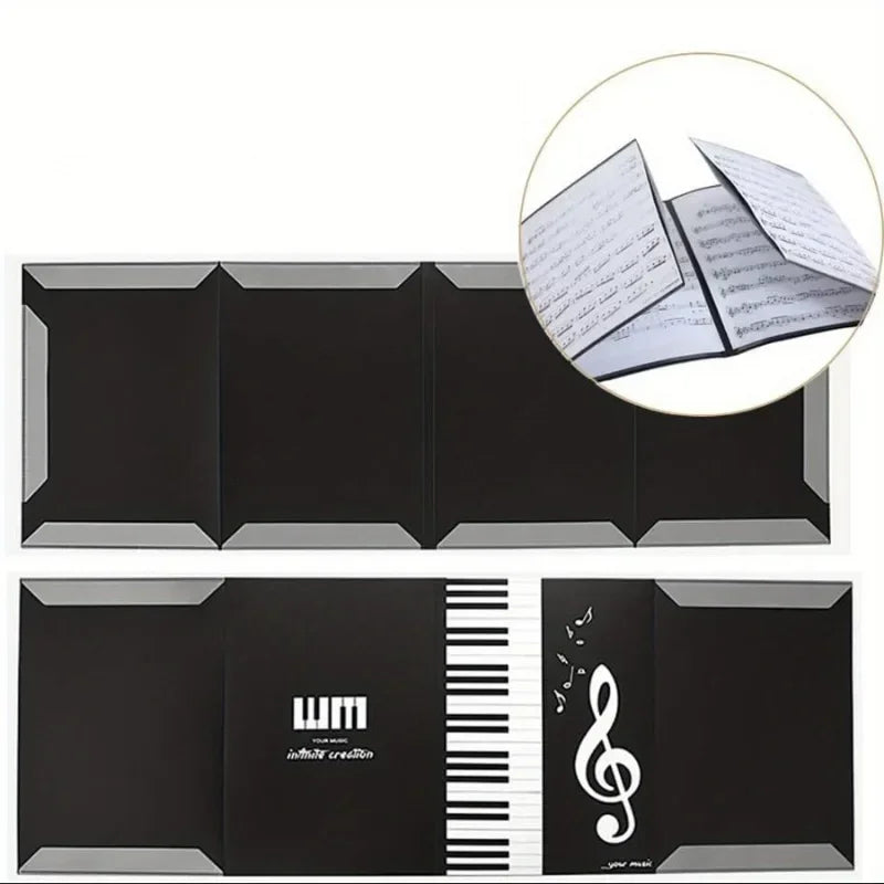 Black foldable piano score folder with silver trim treble clef design and six pockets music storage for sheet modification