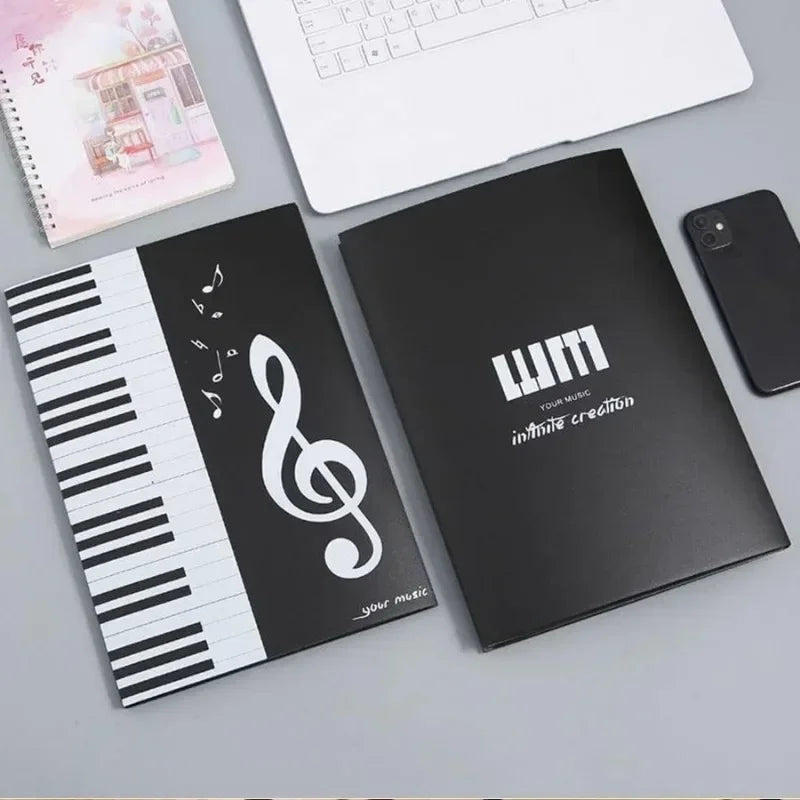 Black 4 pages expand music folder with white piano keys and treble clef design for pockets music storage and folder writing modification