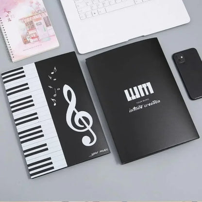 Black 4 pages expand music folder with white piano keys and treble clef design for pockets music storage and folder writing modification