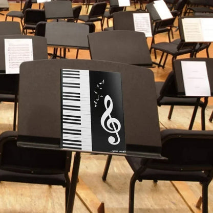 Black music stand with white piano key and treble clef design in 4 pages expand pockets music storage folder piano score folder