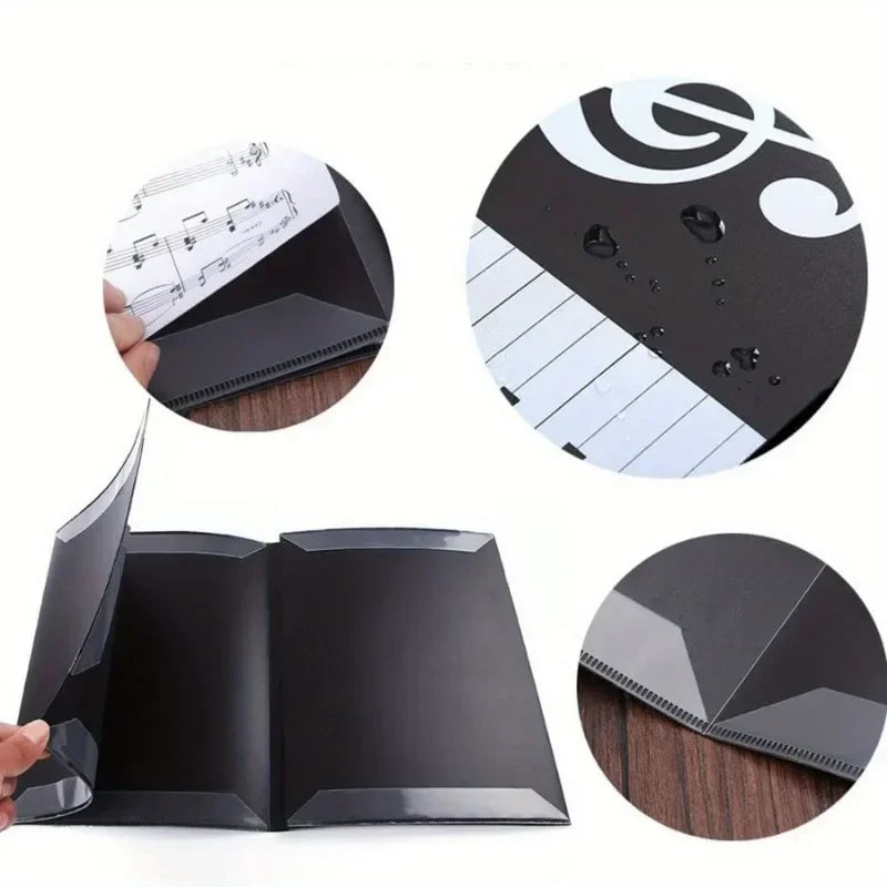 Black piano score folder with glossy finish and white musical notes design for pockets music storage and folder writing modification