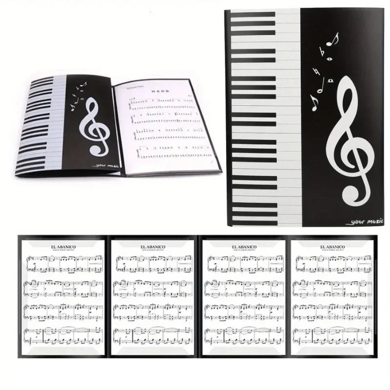 Black and white piano score folder with treble clef design and six pockets music storage for folder writing modification