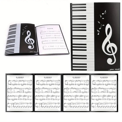 Black and white piano score folder with treble clef design and six pockets music storage for folder writing modification