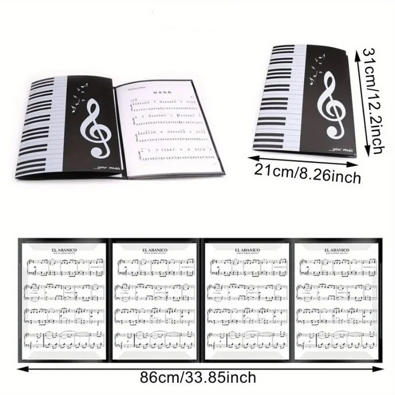 Black and white piano score folder with treble clef design and six pockets music storage for folder writing modification