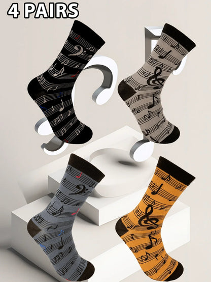Four pairs of men’s fashion music symbol socks in black gray blue and orange with a pattern sock combination design