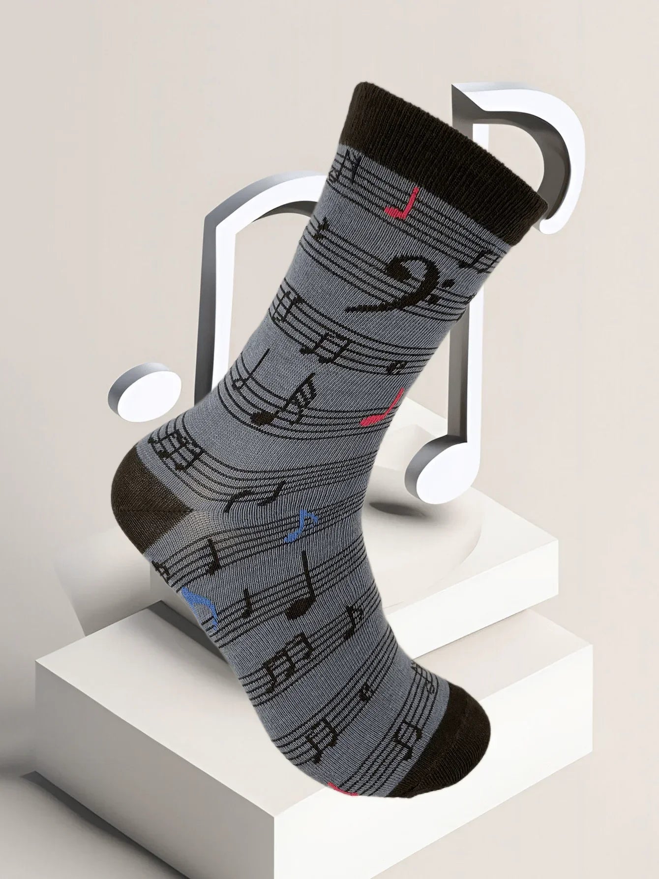 Gray men’s fashion music symbol sock with black pink notes solid black cuff and toe pattern sock combination